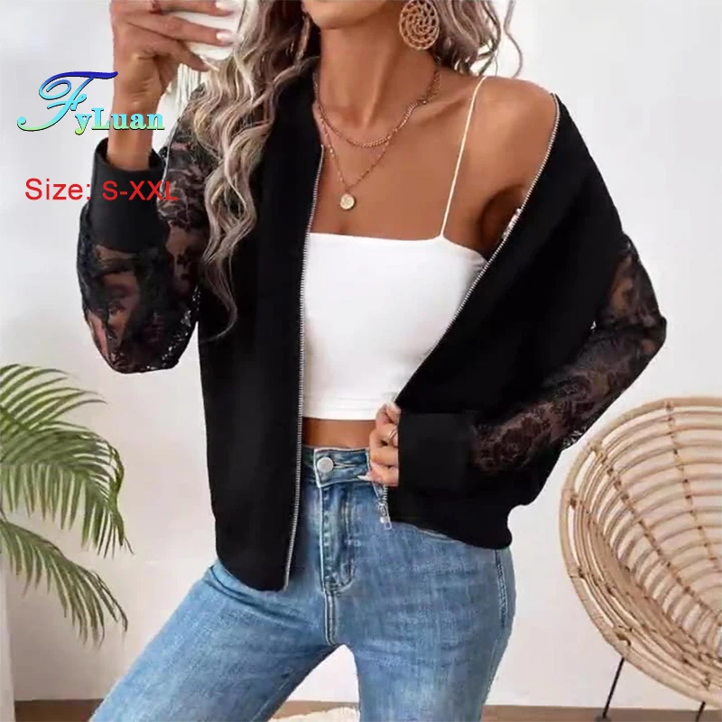 2025 Spring New Women's Baseball Clothing Coat Fashion Lace Splicing Long Sleeve Zipper Jacket Elegant Casual Black Female Tops
2025 Spring New Women's Baseball Clothing Coat Fashion Lace Splicing Long Sleeve Zipper Jacket Elegant Casual Black Female Tops