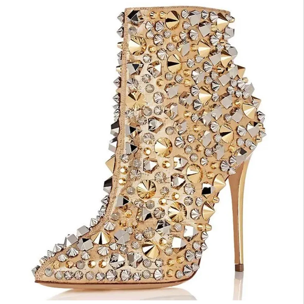 Fashion Golden Pointed Toe Ankle Boots For Women Rivets Studded Glitter Crystal Party Shoes Sexy High Heels Woman Casual Boots
Fashion Golden Pointed Toe Ankle Boots For Women Rivets Studded Glitter Crystal Party Shoes Sexy High Heels Woman Casual Boots