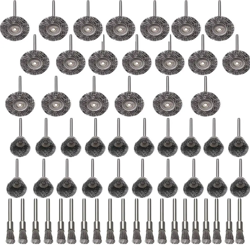 60-piece wire brush set with steel wheels and pen-style brushes for rotary tool use
60-piece wire brush set with steel wheels and pen-style brushes for rotary tool use