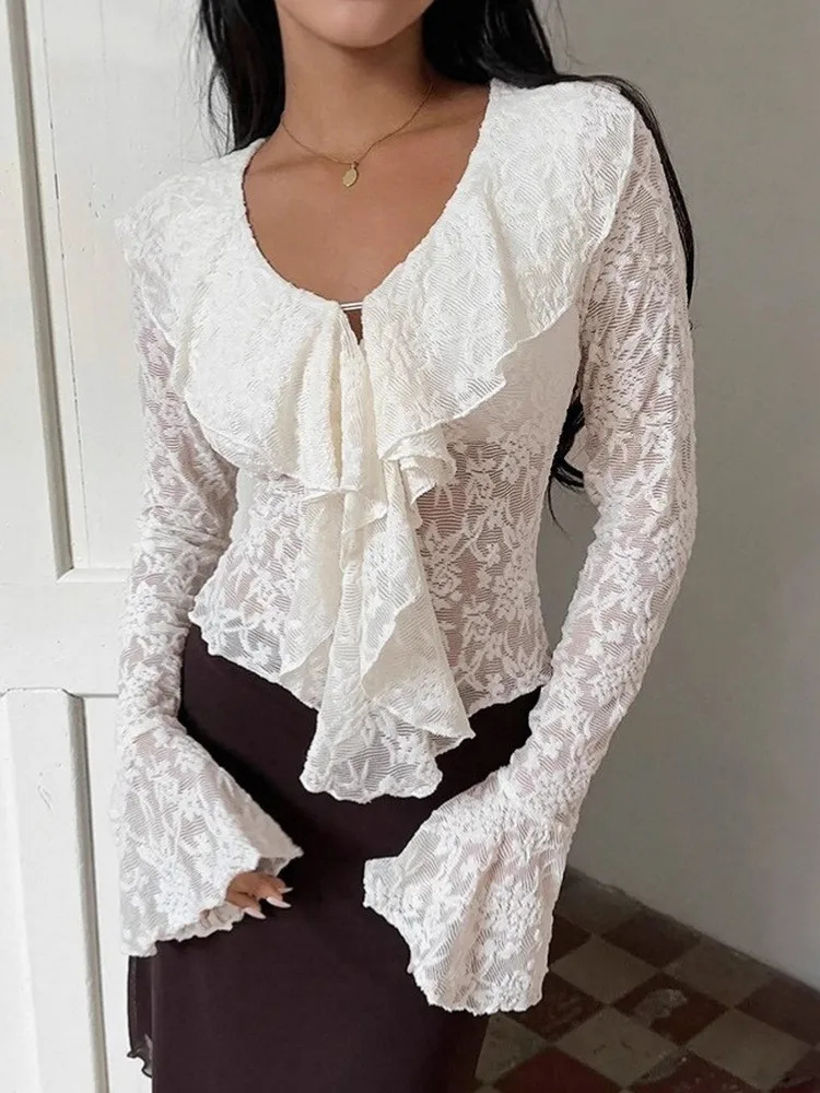 White Lace Bell Sve irt Women's Design Sense Women's Cardigan French Sle Slim Fit Long Sve V Ne Nylon Fabric
White Lace Bell Sve irt Women's Design Sense Women's Cardigan French Sle Slim Fit Long Sve V Ne Nylon Fabric