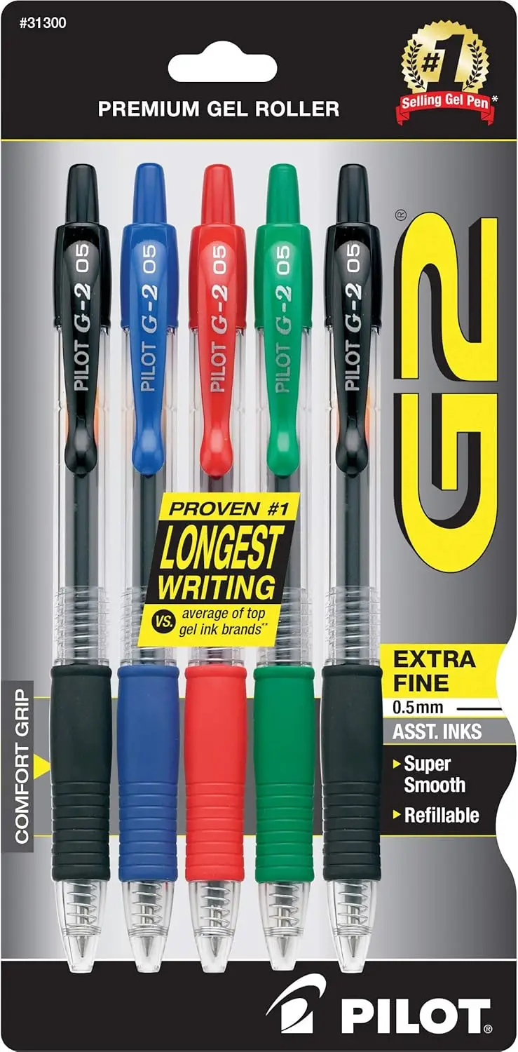 Extra Fine Point 0.5mm Gel Pens, Assorted Colors, 5-Pack, Smooth & Quick-Drying Ink, Refillable
Extra Fine Point 0.5mm Gel Pens, Assorted Colors, 5-Pack, Smooth & Quick-Drying Ink, Refillable
