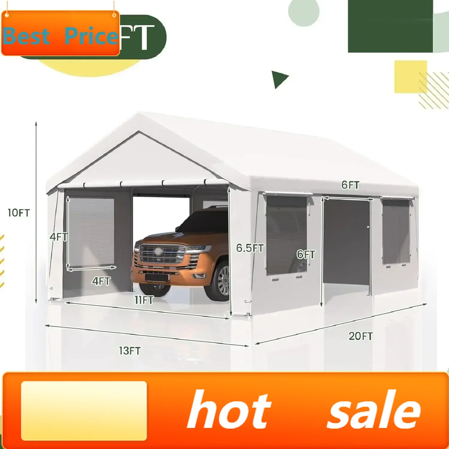 Хит продаж: Прочный навес для автомобиля 13' x 20' (4,97 x 6,10 м), портативный гараж с защитой от УФ-излучения и стальным каркасом, автомобильный навес со съемными боковыми стенками.
Хит продаж: Прочный навес для автомобиля 13' x 20' (4,97 x 6,10 м), портативный гараж с защитой от УФ-излучения и стальным каркасом, автомобильный навес со съемными боковыми стенками.