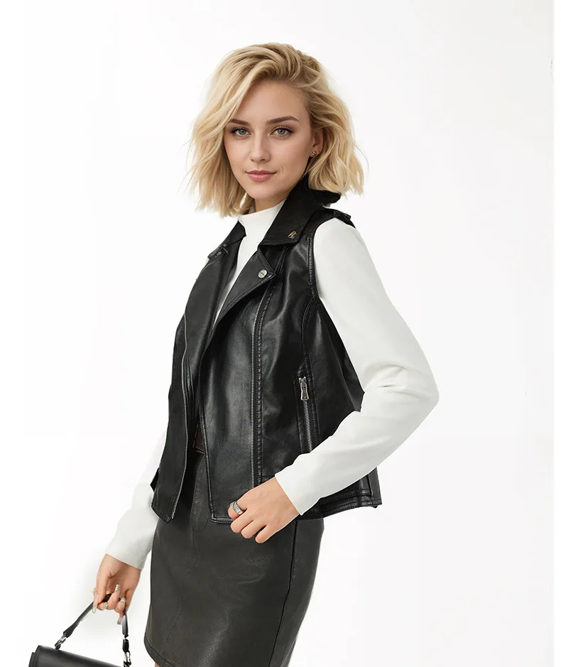 Short women's leather jacket fashionable autumn new item vest jacket versatile slim fit motorcycle suit punk black jacket
Short women's leather jacket fashionable autumn new item vest jacket versatile slim fit motorcycle suit punk black jacket