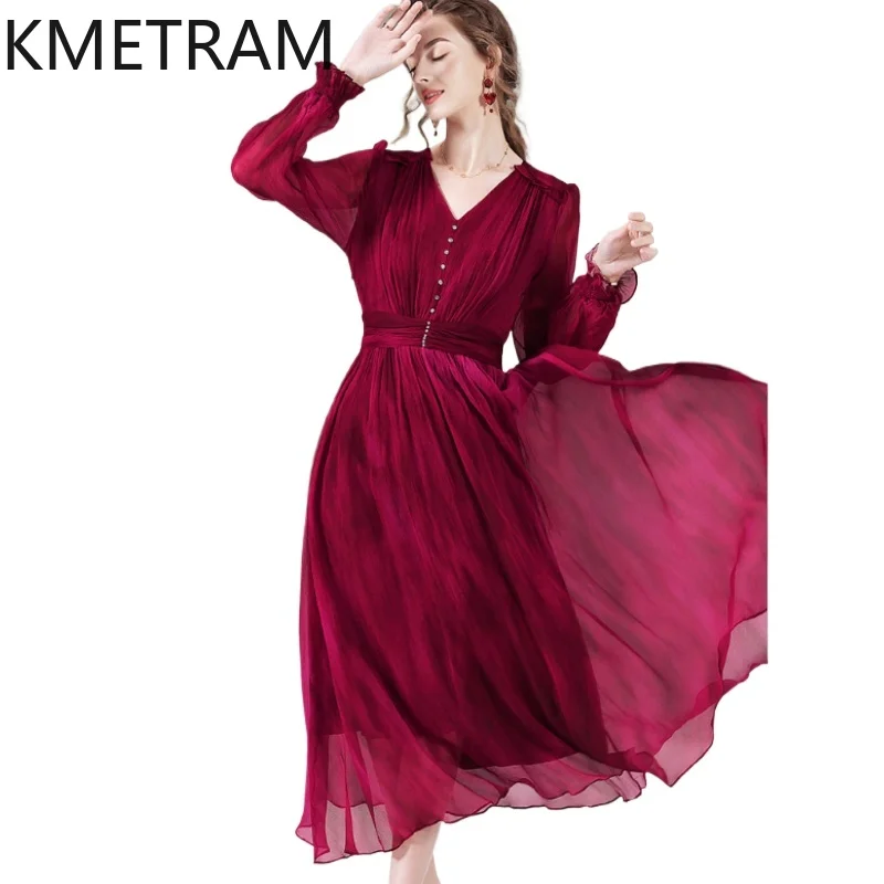 KMETRAM 100% шелковое летнее платье из тутового шелкопряда для женщин, элегантное длинное платье с V-образным вырезом, высококачественные вечерние наряды, женская одежда, Vestidos
KMETRAM 100% шелковое летнее платье из тутового шелкопряда для женщин, элегантное длинное платье с V-образным вырезом, высококачественные вечерние наряды, женская одежда, Vestidos