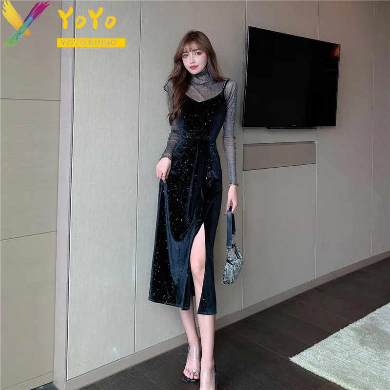 Elegant Party Set Black Sparkhetti Strap Velvet V-neck Front Split Dress Spring Slim Bodycon Office Two Pieces Women's Set
Elegant Party Set Black Sparkhetti Strap Velvet V-neck Front Split Dress Spring Slim Bodycon Office Two Pieces Women's Set