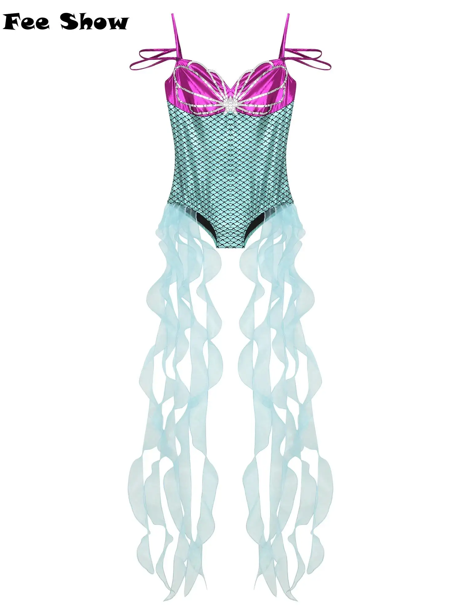 Женский костюм русалки с принтом рыбьей чешуи, комбинезон на бретельках, трико с блестками и лентами с рюшами для косплея
Женский костюм русалки с принтом рыбьей чешуи, комбинезон на бретельках, трико с блестками и лентами с рюшами для косплея
