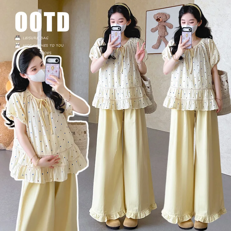 Maternity Suit Summer 2026 Puff Sleeve Polka Dot Ruffle Hem Shirt and Wide Leg Pants for Pregnant Women Daily Wear Cute
Maternity Suit Summer 2026 Puff Sleeve Polka Dot Ruffle Hem Shirt and Wide Leg Pants for Pregnant Women Daily Wear Cute