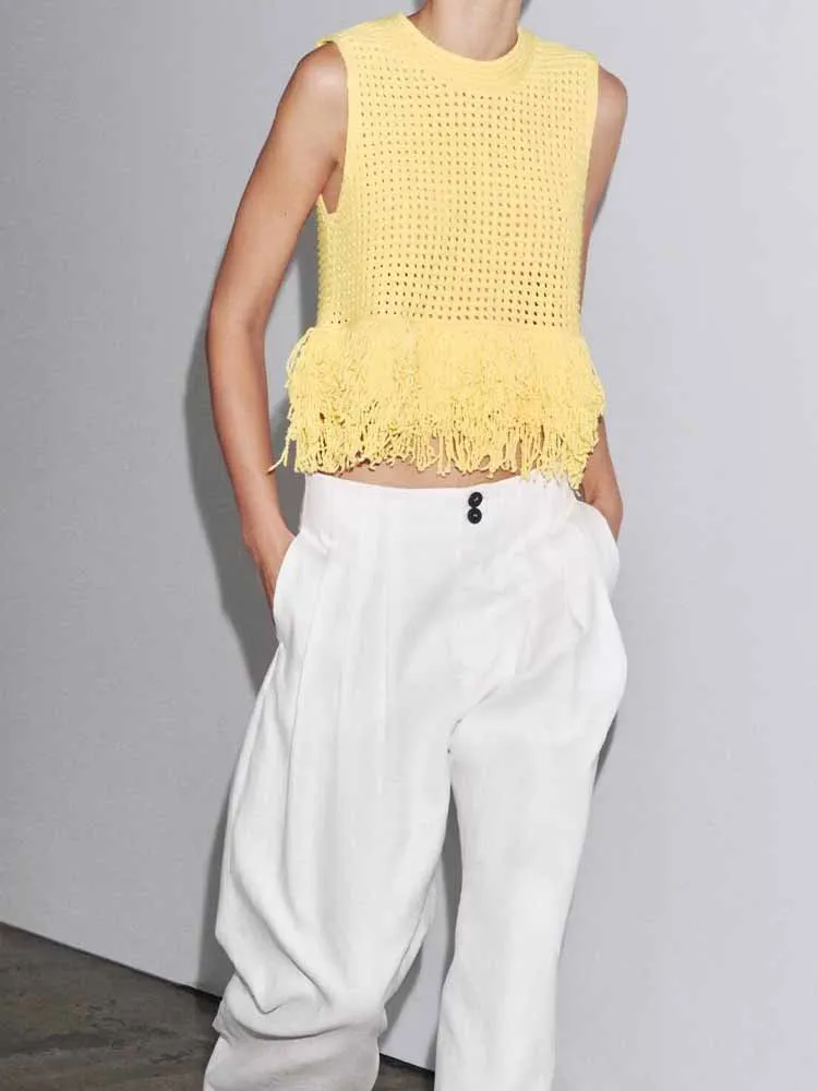 European and American style summer new women's fashion casual simple round neck sleeveless tassel decorated plaid knitted top
European and American style summer new women's fashion casual simple round neck sleeveless tassel decorated plaid knitted top