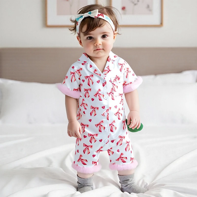 Newborn Baby Girl Romper Pajamas Bow Print Feather Cuffs Short Sleeve Lapel Button Down Sleepwear
Newborn Baby Girl Romper Pajamas Bow Print Feather Cuffs Short Sleeve Lapel Button Down Sleepwear