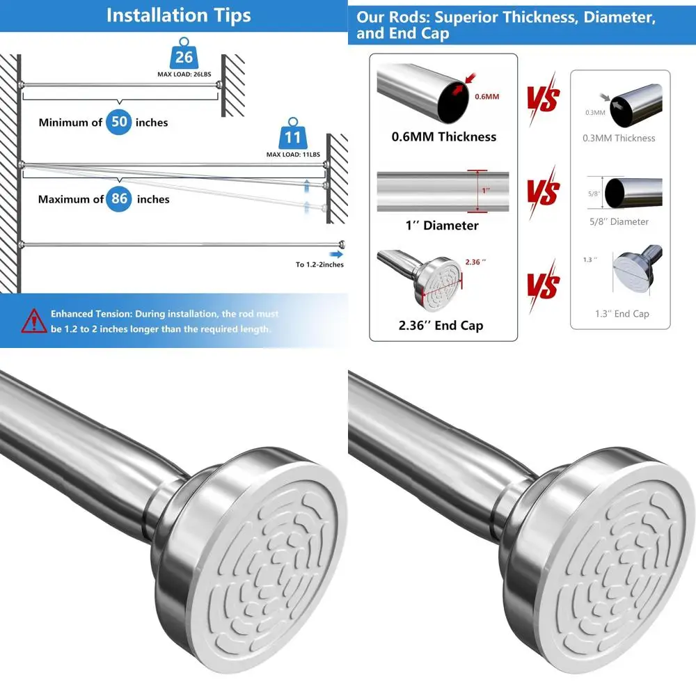Adjustable 1 Diameter Spring Tension Shower Curtain Rod, 304 Stainless Steel, 50-86 for Bathroom or Windows, Rust-Resistant, Non
Adjustable 1 Diameter Spring Tension Shower Curtain Rod, 304 Stainless Steel, 50-86 for Bathroom or Windows, Rust-Resistant, Non