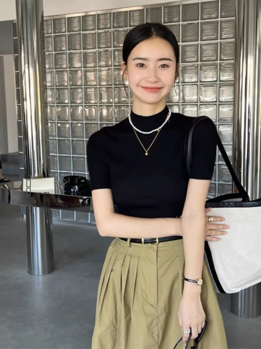 Bla Ultra-Thin ort-Sve Knitwear Women's Slim Fit f High Collar Base irt f Sve Top Summer OL Sle
Bla Ultra-Thin ort-Sve Knitwear Women's Slim Fit f High Collar Base irt f Sve Top Summer OL Sle