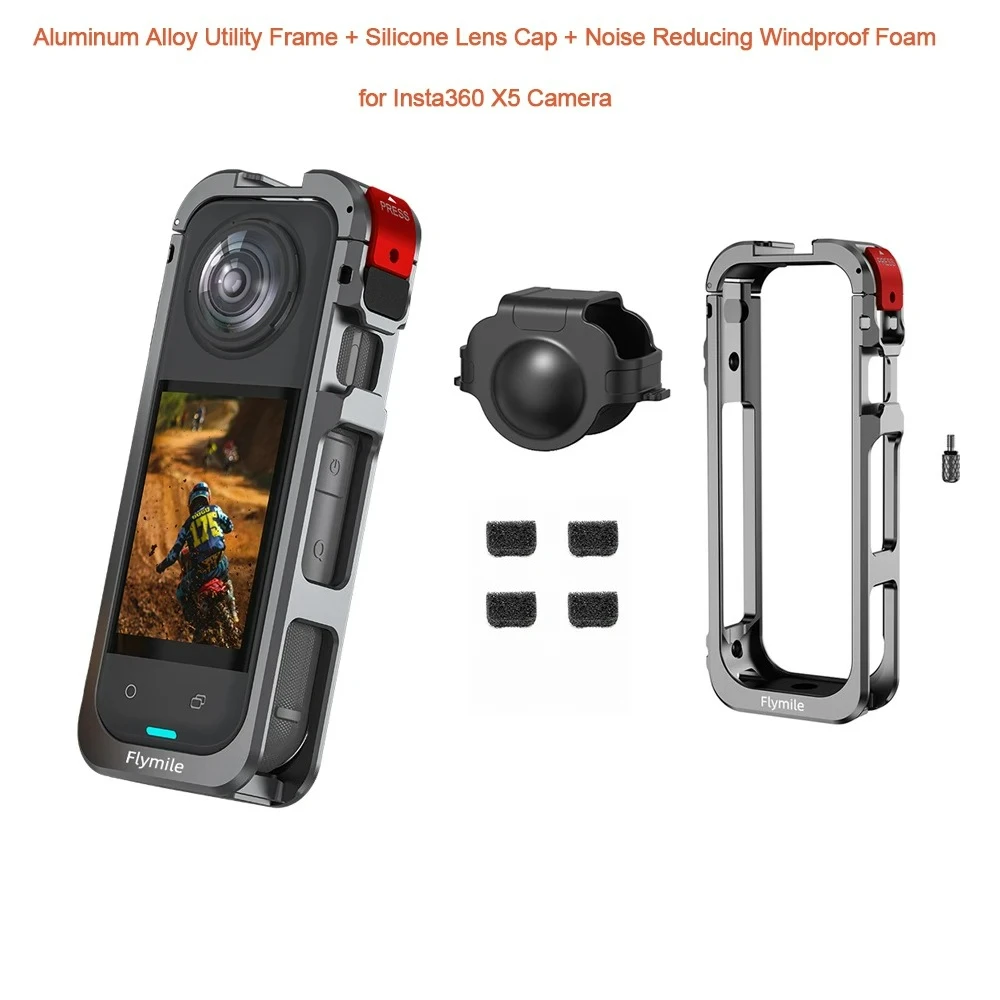 Aluminum Alloy Utility Frame Rabbit Cage + Silicone Lens Cap + Windproof Foam for Insta360 X5 Camera Expansion Protection