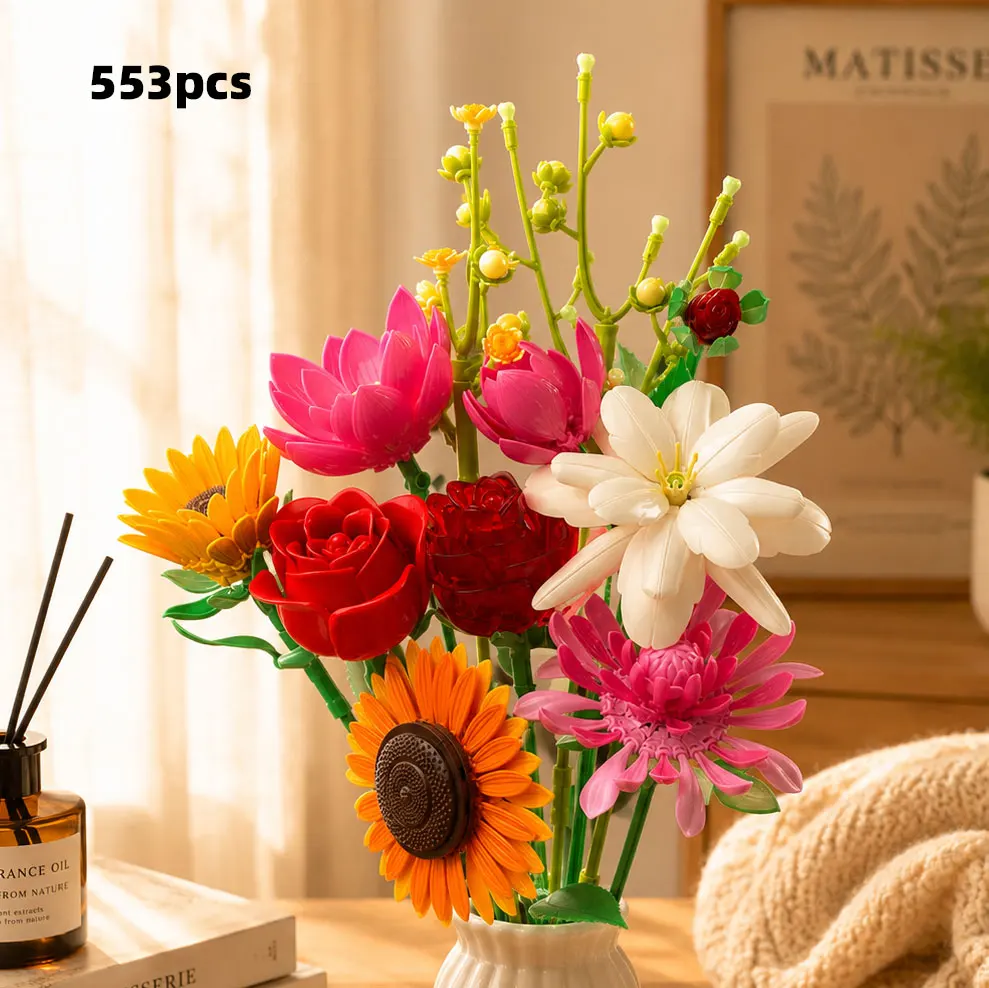553-Piece Vibrant Red Rose, Sunflower, and Lotus Mixed Building Block Flower Bouquet Set, Energetic Sunflowers, Handheld Bouquet, Bright and Cheerful Indoor Office Desk Decoration, Gift for Flower Enthusiasts and Girls
553-Piece Vibrant Red Rose, Sunflower, and Lotus Mixed Building Block Flower Bouquet Set, Energetic Sunflowers, Handheld Bouquet, Bright and Cheerful Indoor Office Desk Decoration, Gift for Flower Enthusiasts and Girls
