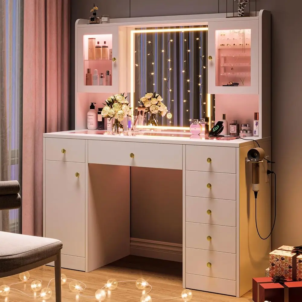 Large Glass Top LED Vanity Desk with 7 Drawers & 3 Cabinets, Charging Station & RGB Lights for Bedroom, White
Large Glass Top LED Vanity Desk with 7 Drawers & 3 Cabinets, Charging Station & RGB Lights for Bedroom, White