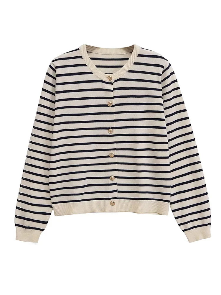 European style new women's fashion versatile temperament round neck button striped knitted cardigan
European style new women's fashion versatile temperament round neck button striped knitted cardigan