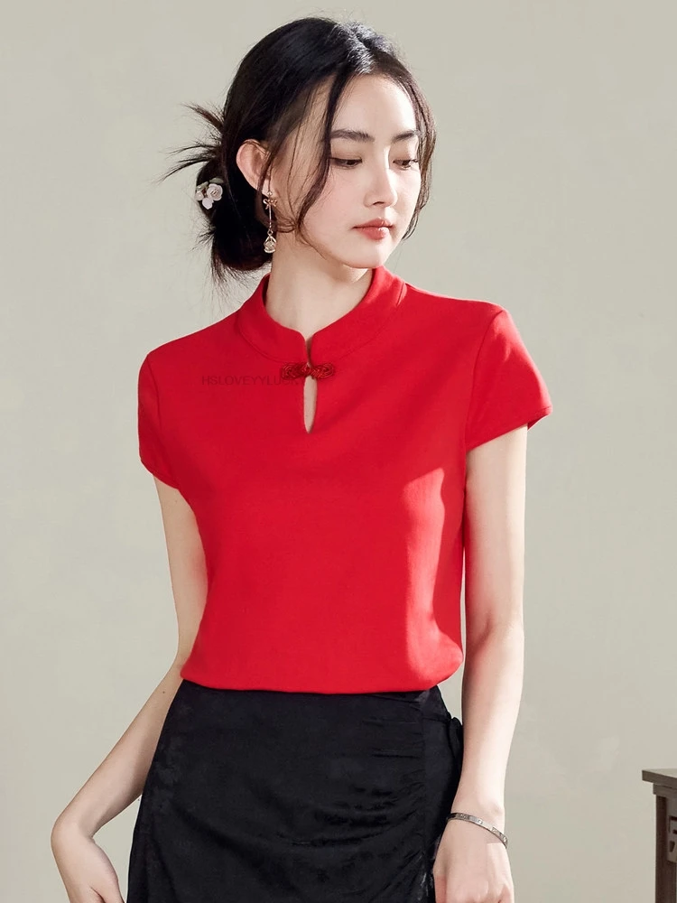 Women Chinese T-shirt Summer Fashion Cheongsam Stand Collar Short Sleeve Loose Tees Tops Elegant Red Cotton T-shirt Blouse
Women Chinese T-shirt Summer Fashion Cheongsam Stand Collar Short Sleeve Loose Tees Tops Elegant Red Cotton T-shirt Blouse