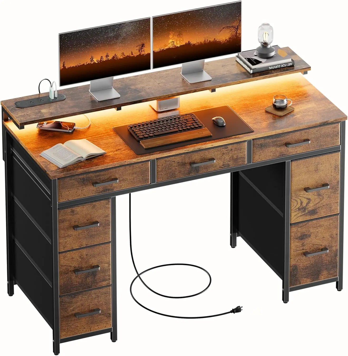 47in Computer Desk With 8 Drawers LED USB Power Monitor Stand Home Office Gaming Study Rustic Brown, Customized
47in Computer Desk With 8 Drawers LED USB Power Monitor Stand Home Office Gaming Study Rustic Brown, Customized