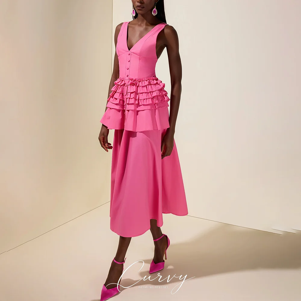 Curvy Customized Hot Pink V-Neck Tiered Ruffle Midi Prom Dresses for Women Backless for Wedding Guest Events 2026
Curvy Customized Hot Pink V-Neck Tiered Ruffle Midi Prom Dresses for Women Backless for Wedding Guest Events 2026