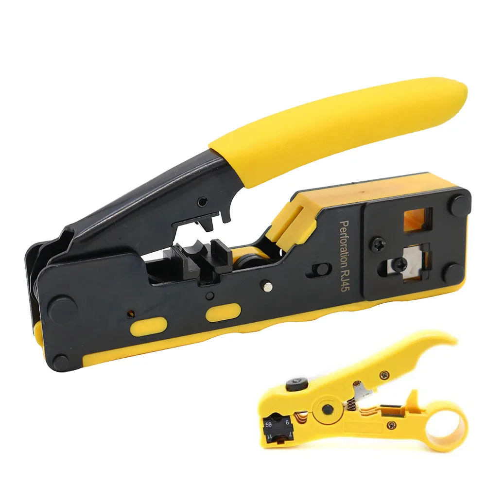 CAT5 CAT6 CAT7 RJ45 Pass Through Crimper Tool for RJ45 RJ12 RJ11 Connectors CAT6a Shielded Modular Plugs Crimping Tool Kit
CAT5 CAT6 CAT7 RJ45 Pass Through Crimper Tool for RJ45 RJ12 RJ11 Connectors CAT6a Shielded Modular Plugs Crimping Tool Kit