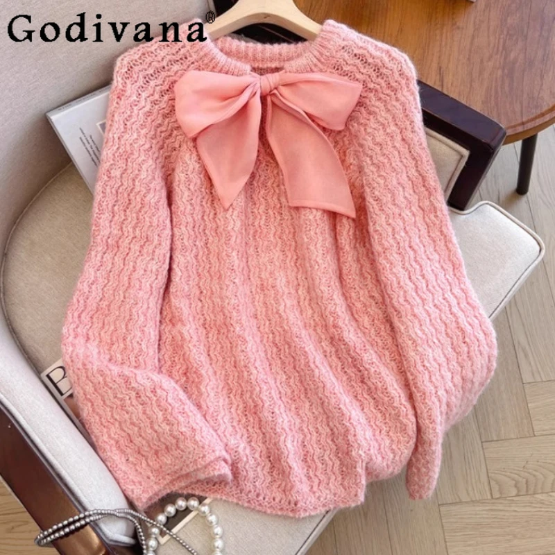 Autumn New Large Size Women Sweet Bow Round Neck Long Sleeve Korean Top Fashion Age Reduction Loose Fairy Knitted Sweater
Autumn New Large Size Women Sweet Bow Round Neck Long Sleeve Korean Top Fashion Age Reduction Loose Fairy Knitted Sweater