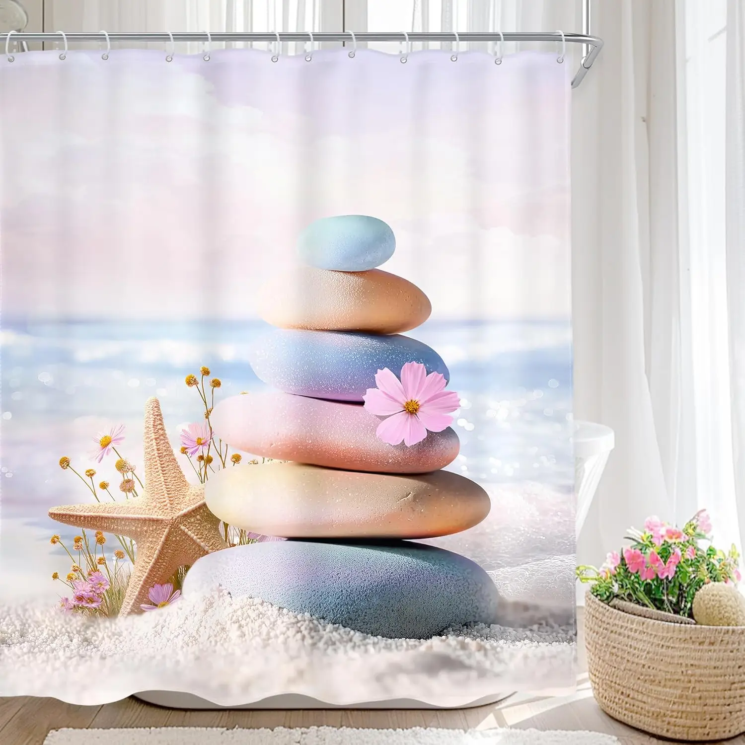 Пляжная занавеска для душа в стиле дзен, розовый, синий, камень, ромашка, цветочная морская звезда, океан, летняя морская прибрежная ткань для произведения искусства, водонепроницаемый полиэстер
Пляжная занавеска для душа в стиле дзен, розовый, синий, камень, ромашка, цветочная морская звезда, океан, летняя морская прибрежная ткань для произведения искусства, водонепроницаемый полиэстер