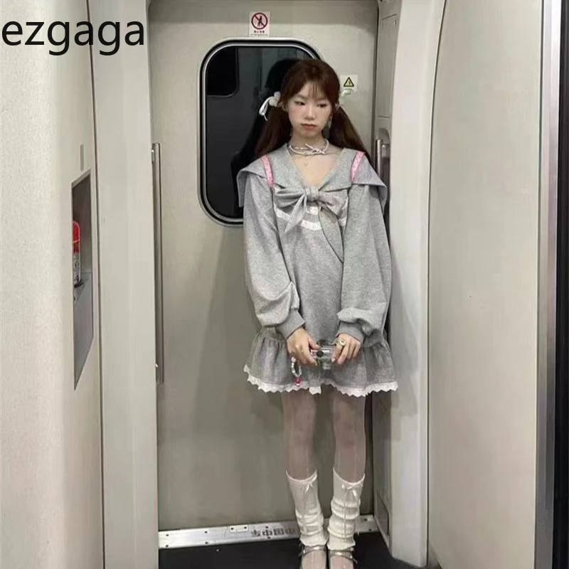 Ezgaga Mini Dresses Women Sweet Lace Patchwork Bandage Bow Loose Spring Fashion Ruffles Sailor Collar Dress Ladies Casual
Ezgaga Mini Dresses Women Sweet Lace Patchwork Bandage Bow Loose Spring Fashion Ruffles Sailor Collar Dress Ladies Casual