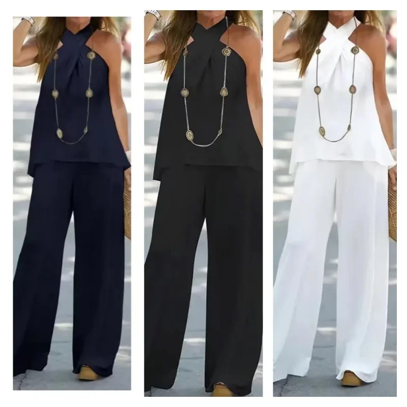 Summer Two Piece Sets Women Sleeveless Halter Neck Top Wide Leg Pants Suits Female Casual Solid Color Office Lady Outfit
Summer Two Piece Sets Women Sleeveless Halter Neck Top Wide Leg Pants Suits Female Casual Solid Color Office Lady Outfit