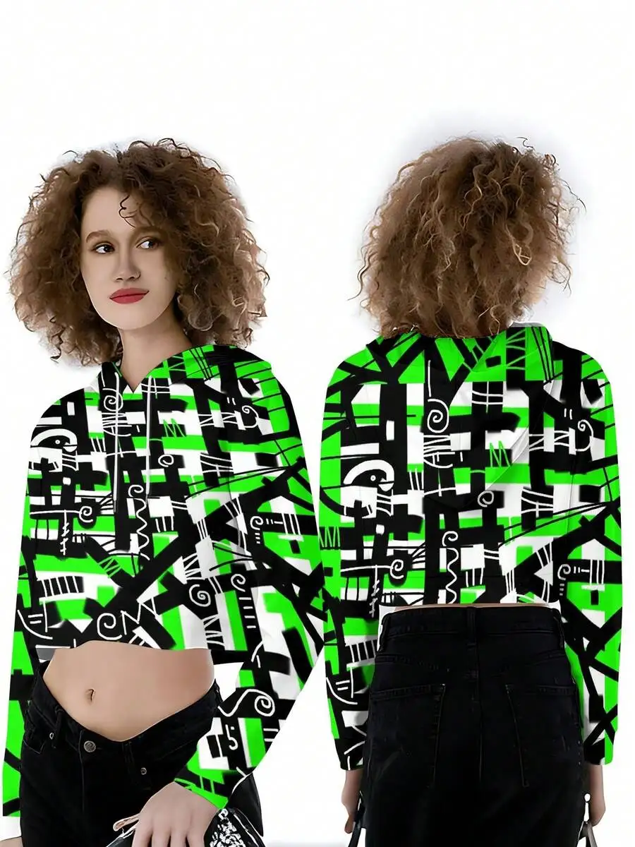 Womens Cropped Hoodie With Abstract Green Black White Pattern Y2K Aesthetic
Womens Cropped Hoodie With Abstract Green Black White Pattern Y2K Aesthetic