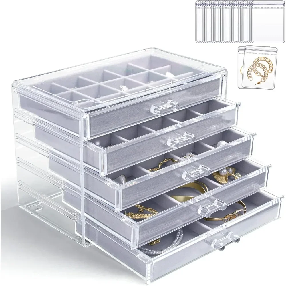 Earring Holder Organizer Box with 5 Drawers, Clear Acrylic Jewelry Organizer Box for Women,20 Pcs Portable Clear Jewelry Bag Set
Earring Holder Organizer Box with 5 Drawers, Clear Acrylic Jewelry Organizer Box for Women,20 Pcs Portable Clear Jewelry Bag Set