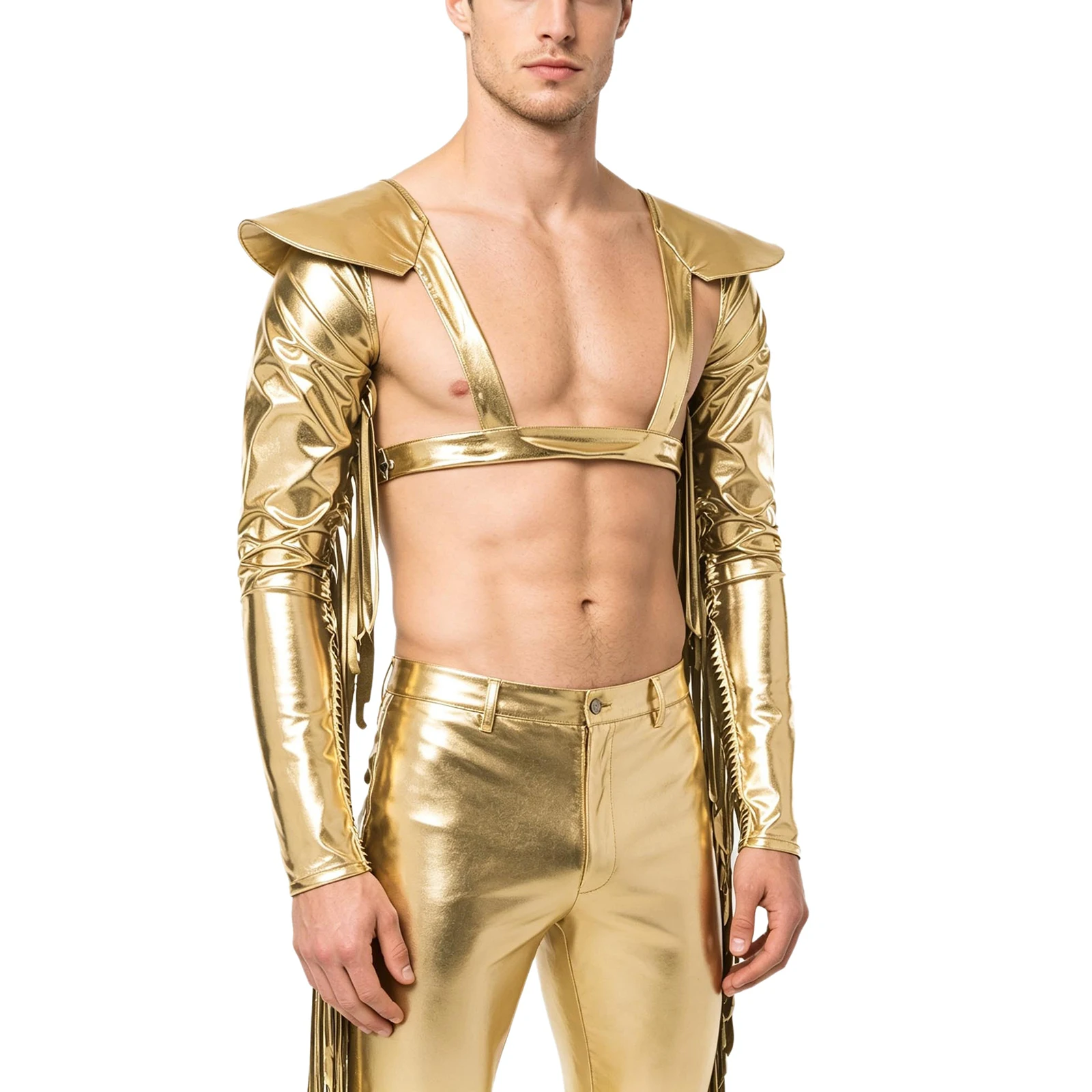 Mens Metallic Shiny Fringed Arm Sleeves Long Sleeve Epaulet Adjustable Body Chest Harness for Halloween Themed Party Role Play
Mens Metallic Shiny Fringed Arm Sleeves Long Sleeve Epaulet Adjustable Body Chest Harness for Halloween Themed Party Role Play