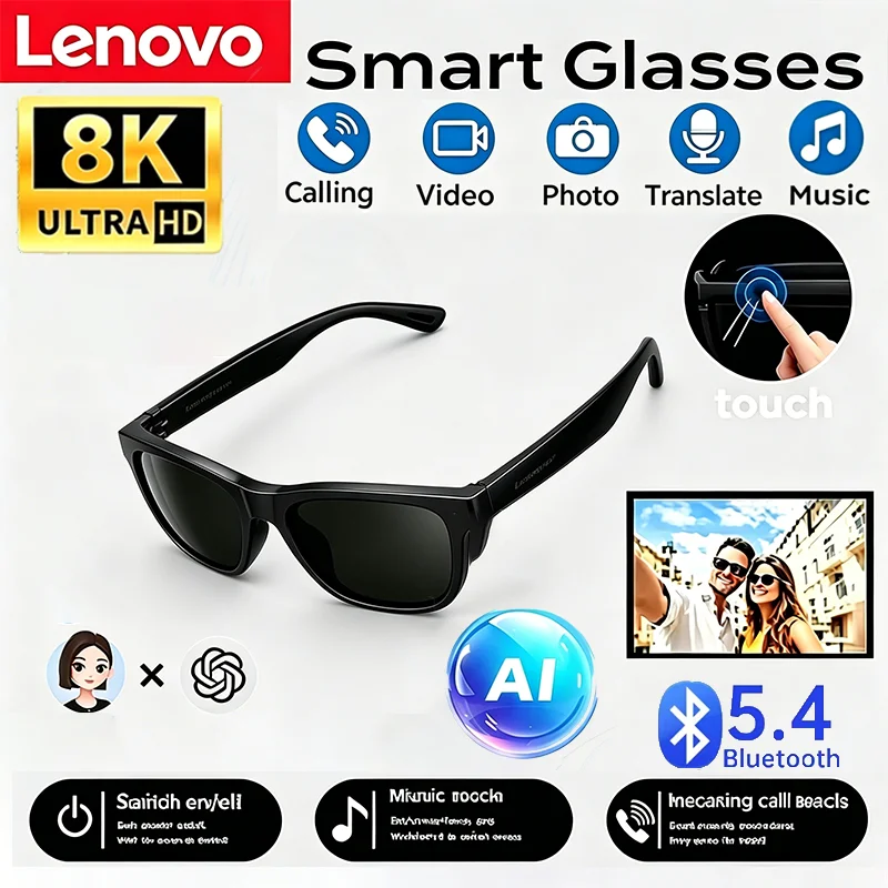 Lenovo Remote Touch Control 8K AI Smart Glasses Bluetooth Wireless Sunglasses Photo Camera Recording Voice Assistant Translator
Lenovo Remote Touch Control 8K AI Smart Glasses Bluetooth Wireless Sunglasses Photo Camera Recording Voice Assistant Translator