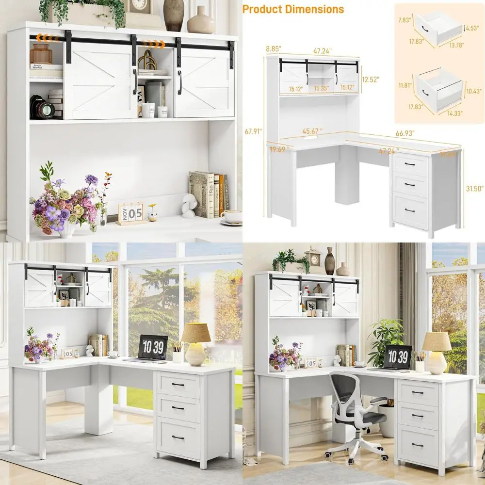 68 High L-Shaped Desk with Hutch, 3 Drawers and Sliding Door, Cream White for Home Office and Study
68 High L-Shaped Desk with Hutch, 3 Drawers and Sliding Door, Cream White for Home Office and Study