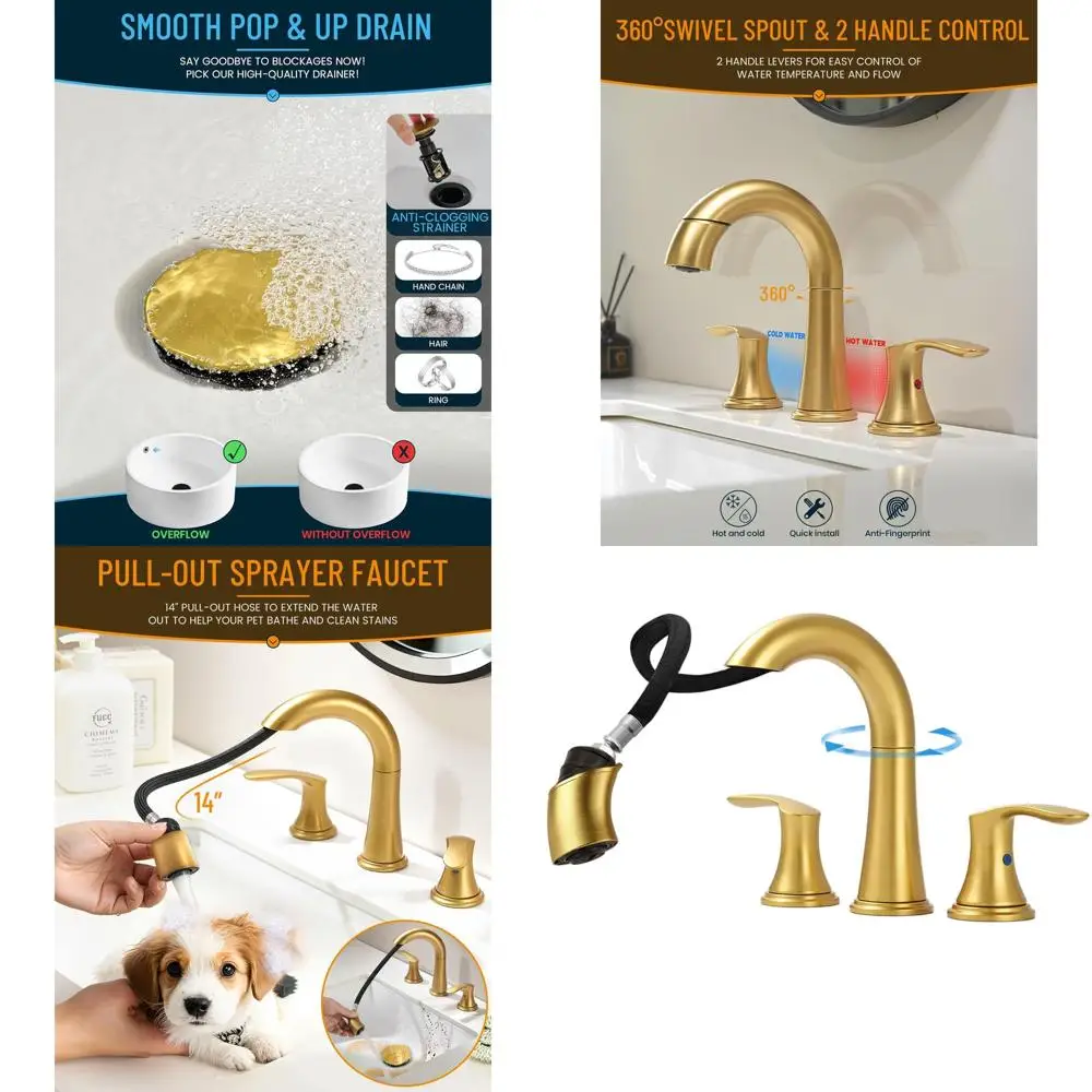 8 Brushed Gold 3-Hole 2-Handle Faucet Set with 14 Pull-Down Sprayer for Pet Washing and 360° Swivel Spout
8 Brushed Gold 3-Hole 2-Handle Faucet Set with 14 Pull-Down Sprayer for Pet Washing and 360° Swivel Spout