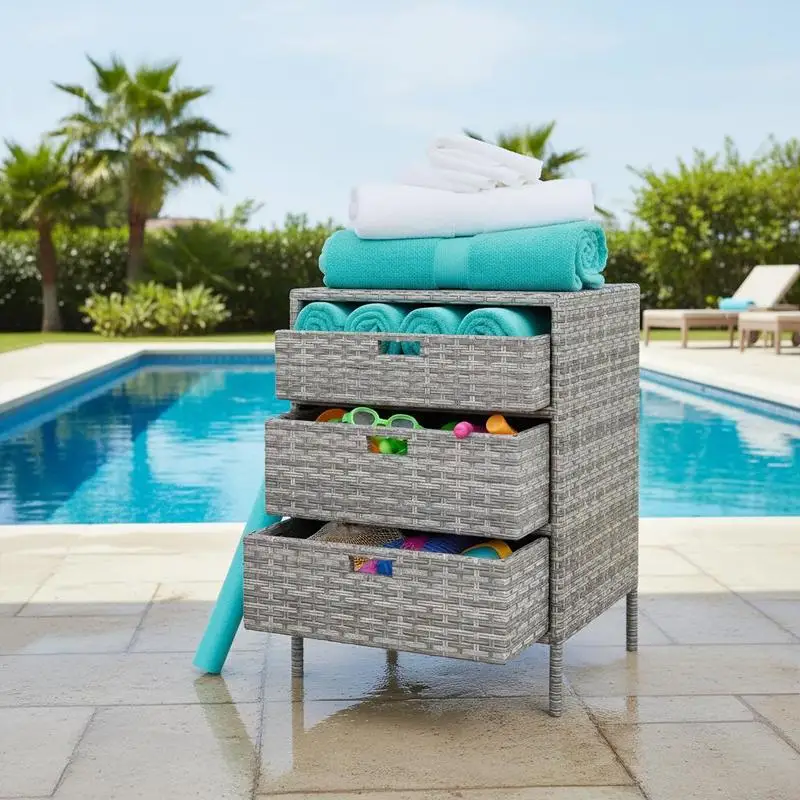 Patio PE Rattan Storage Cabinet, Wicker Pool Cabinet Organizer, Outdoor Towel Rack for Pool with 3 Drawers, Gray
Patio PE Rattan Storage Cabinet, Wicker Pool Cabinet Organizer, Outdoor Towel Rack for Pool with 3 Drawers, Gray