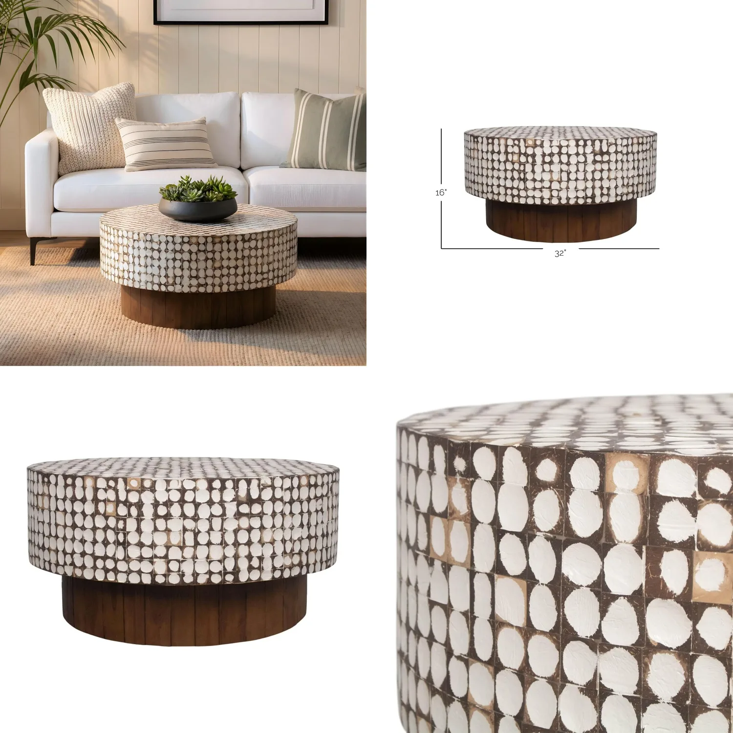 Round White Boho Coffee Table Coconut Shell Inlay 32in Pedestal Wood Base Coastal Living Room Handmade Customized
Round White Boho Coffee Table Coconut Shell Inlay 32in Pedestal Wood Base Coastal Living Room Handmade Customized