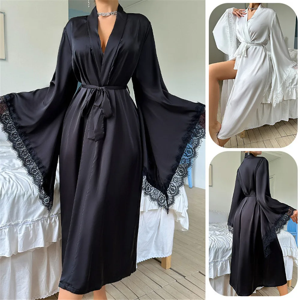 Flare Sleeve Kimono Black White Bathrobe Gown Female Long Robe Nightgown Sleepwear Loose Satin Home Dressing Gown
Flare Sleeve Kimono Black White Bathrobe Gown Female Long Robe Nightgown Sleepwear Loose Satin Home Dressing Gown