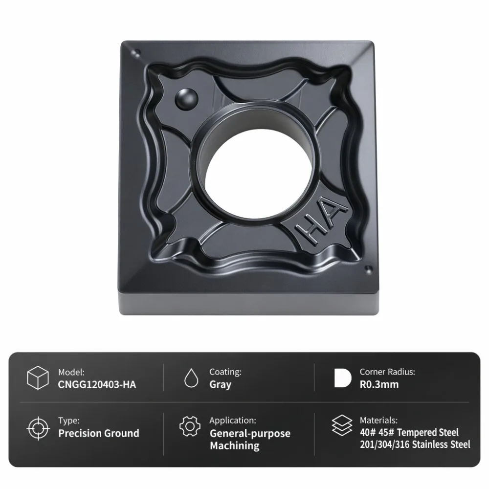 CNGG120403-HA Carbide Turning Inserts 0.3 R Angle Gray Coating for Steel Stainless Steel Finishing CNC Cutter Tool Turning Tool
CNGG120403-HA Carbide Turning Inserts 0.3 R Angle Gray Coating for Steel Stainless Steel Finishing CNC Cutter Tool Turning Tool