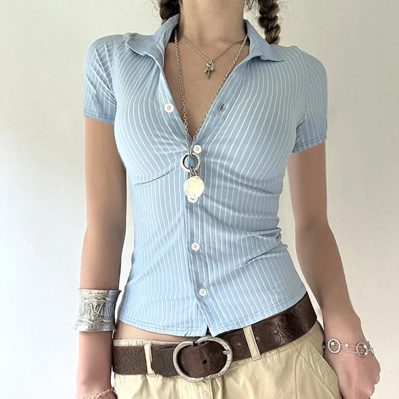 Blue and white vertical stripe polo collar button patchwork short-sleeve T-shirt, sexy slim fit, curved outerwear
Blue and white vertical stripe polo collar button patchwork short-sleeve T-shirt, sexy slim fit, curved outerwear