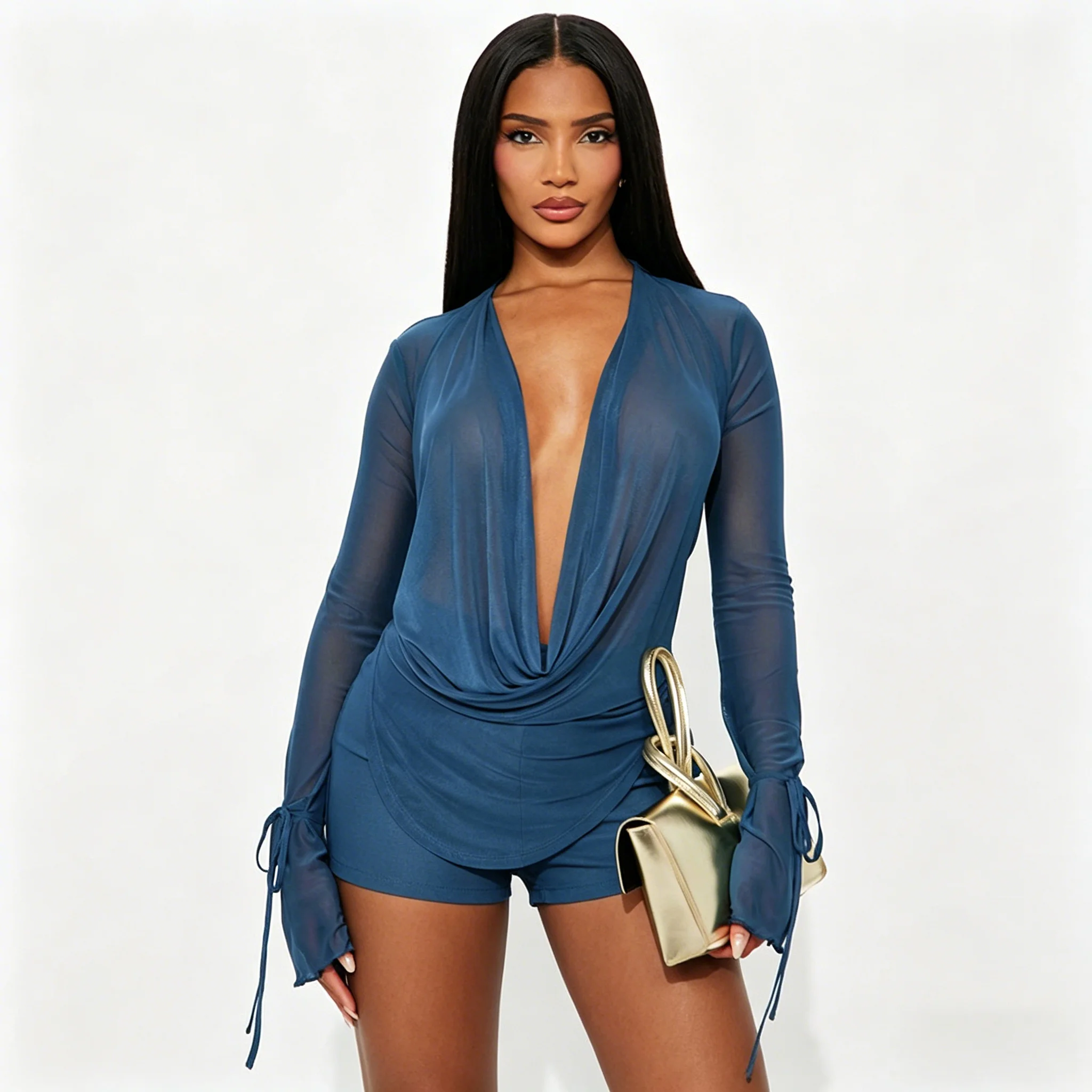 Women's sexy mesh camisole with open neck, straps, long-sleeved top, and slim-fitting shorts set
Women's sexy mesh camisole with open neck, straps, long-sleeved top, and slim-fitting shorts set