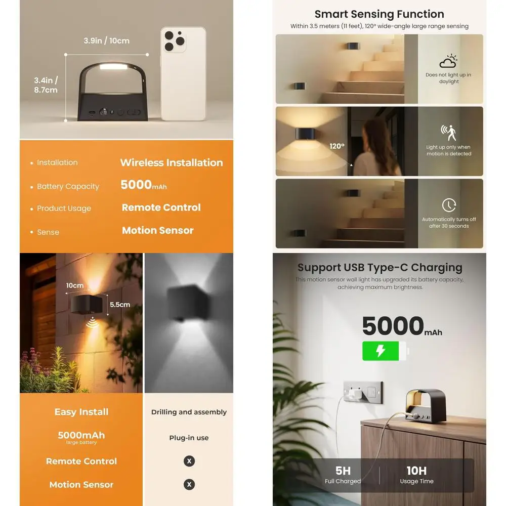 Motion Sensor LED Wall Sconce with Remote Control, 3-Color, Rechargeable Battery, Adjustable Brightness, Black
Motion Sensor LED Wall Sconce with Remote Control, 3-Color, Rechargeable Battery, Adjustable Brightness, Black