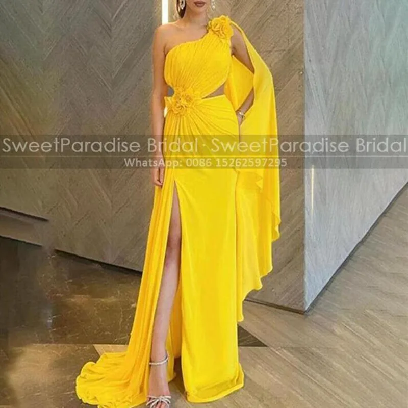 Mermaid One Shoulder Prom Dresses Flowers Cut-Out Waist Side Split Long Gold Yellow Chiffon Customized Evening Dress
Mermaid One Shoulder Prom Dresses Flowers Cut-Out Waist Side Split Long Gold Yellow Chiffon Customized Evening Dress