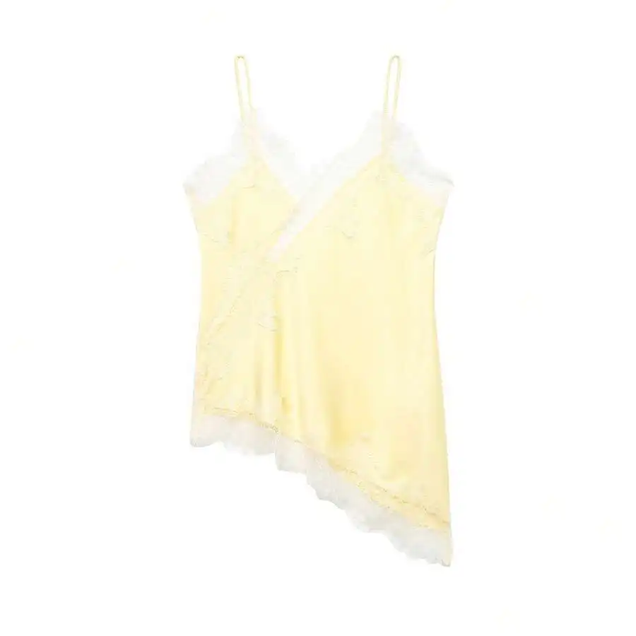 Желтый асимметричный топ-камизоль с кружевной отделкой для женщин
Желтый асимметричный топ-камизоль с кружевной отделкой для женщин