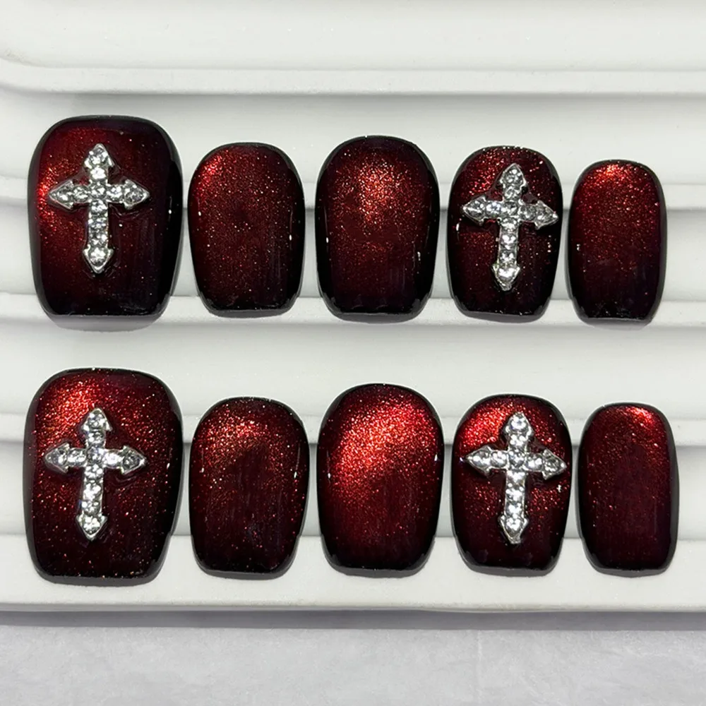 10 Pieces Dark Red Cat Eye Handmade Press On Nails Extra Short Coffin Fake Nails 3D Luxury Sparkling Diamonds Cross Nail Art
10 Pieces Dark Red Cat Eye Handmade Press On Nails Extra Short Coffin Fake Nails 3D Luxury Sparkling Diamonds Cross Nail Art