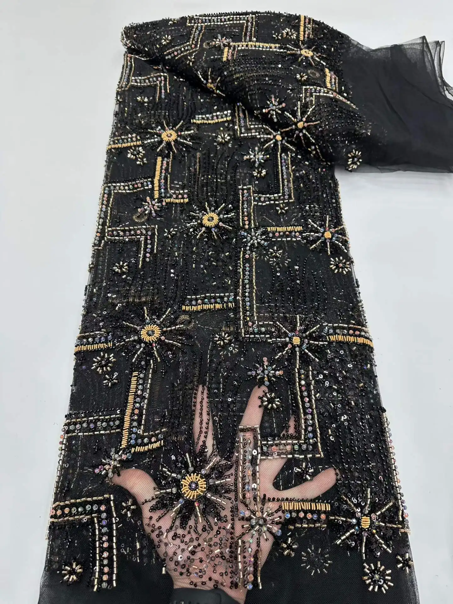 African Lace Fabric 5 Yards High Quality 2026 Black Gold Dubai Beaded Lace Fabrics Sequins Heavy Lace Fabrics For Sewing Dress
African Lace Fabric 5 Yards High Quality 2026 Black Gold Dubai Beaded Lace Fabrics Sequins Heavy Lace Fabrics For Sewing Dress