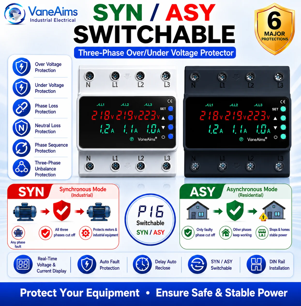 Din Rail 3 phase SYN ASYNC Adjustable Voltage Current Protector AC380V 63A 100A Over Under Voltage Current Limit Relay Protector
Din Rail 3 phase SYN ASYNC Adjustable Voltage Current Protector AC380V 63A 100A Over Under Voltage Current Limit Relay Protector