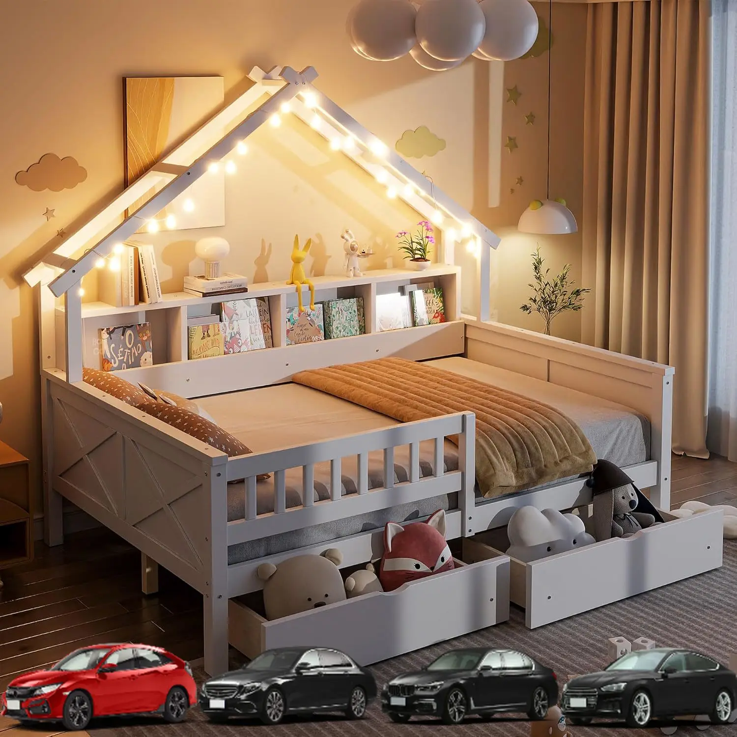 Полноразмерная кровать Merax House Platform со светодиодной подсветкой, полками и ящиками для хранения вещей — кровать с перилами, прочным каркасом из сосны и МДФ
Полноразмерная кровать Merax House Platform со светодиодной подсветкой, полками и ящиками для хранения вещей — кровать с перилами, прочным каркасом из сосны и МДФ