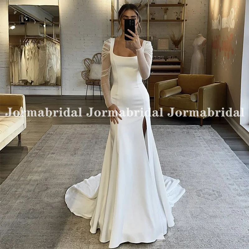 Женское свадебное платье с юбкой годе Jormabridal, Пляжное платье с длинным рукавом, квадратным вырезом и высоким разрезом, из крепа, 2019
Женское свадебное платье с юбкой годе Jormabridal, Пляжное платье с длинным рукавом, квадратным вырезом и высоким разрезом, из крепа, 2019