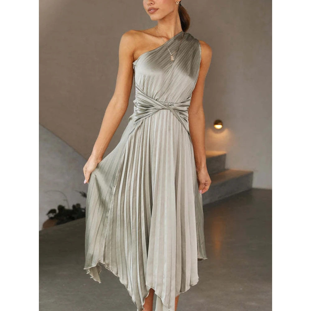 Korean Style Summer Sleeveless One Shoulder Pleated Women Dress Femme Twist Waist Midi Asymetrical Party Dress Elegant Dresses
Korean Style Summer Sleeveless One Shoulder Pleated Women Dress Femme Twist Waist Midi Asymetrical Party Dress Elegant Dresses