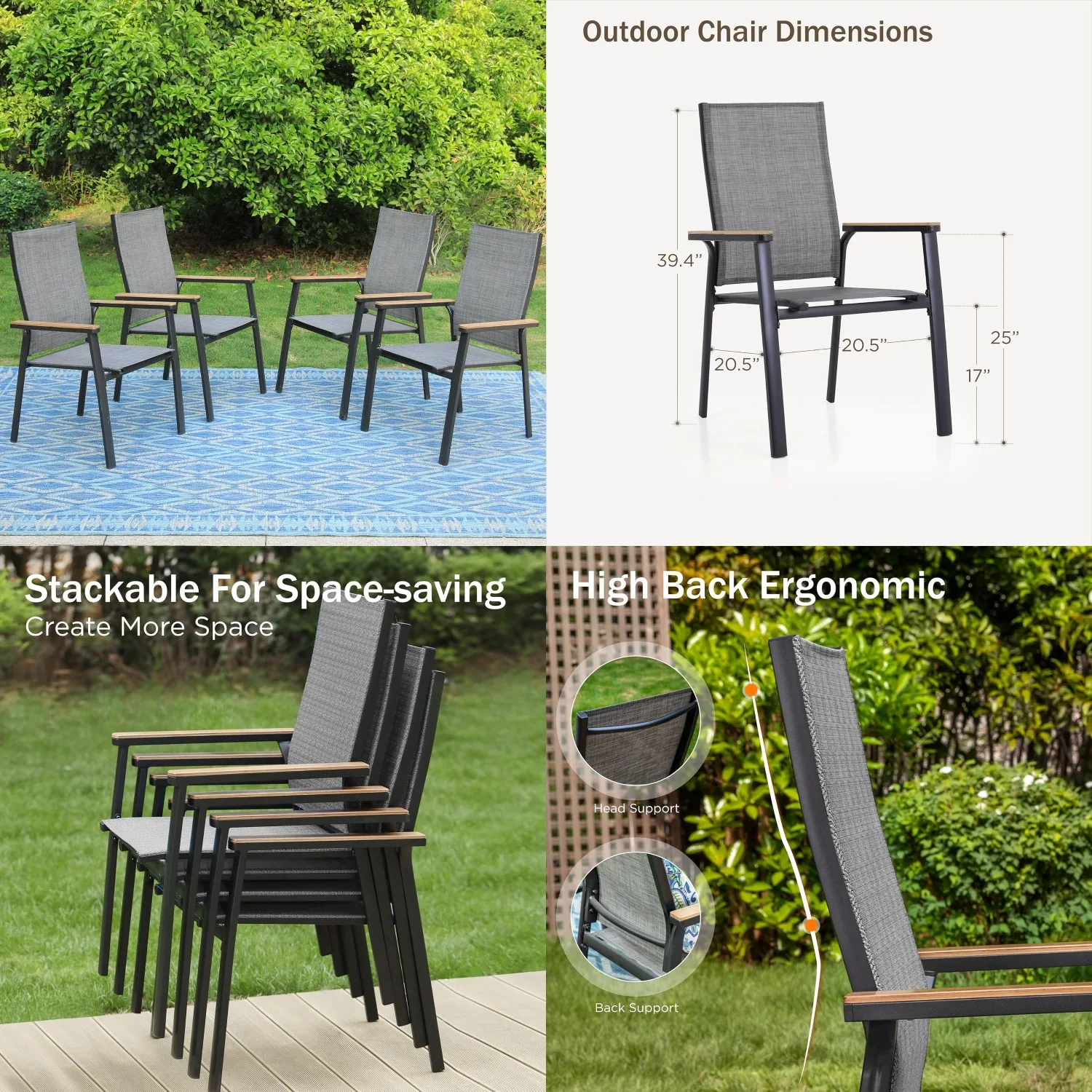 Aluminum Stackable Outdoor Dining Chairs Set 4 Sling Fabric Wood Armrest Wide Seat Patio Restaurant Grey Customized
Aluminum Stackable Outdoor Dining Chairs Set 4 Sling Fabric Wood Armrest Wide Seat Patio Restaurant Grey Customized