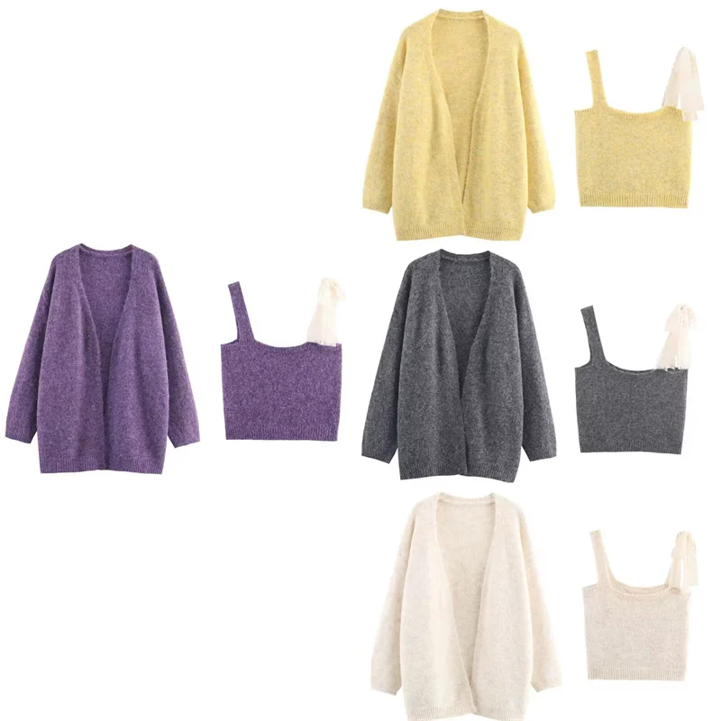 Женский костюм, осень 2023, новый стиль, однотонная куртка с длинными рукавами и жилетом на бретелях, вязаный комплект, стильный и повседневный
Женский костюм, осень 2023, новый стиль, однотонная куртка с длинными рукавами и жилетом на бретелях, вязаный комплект, стильный и повседневный